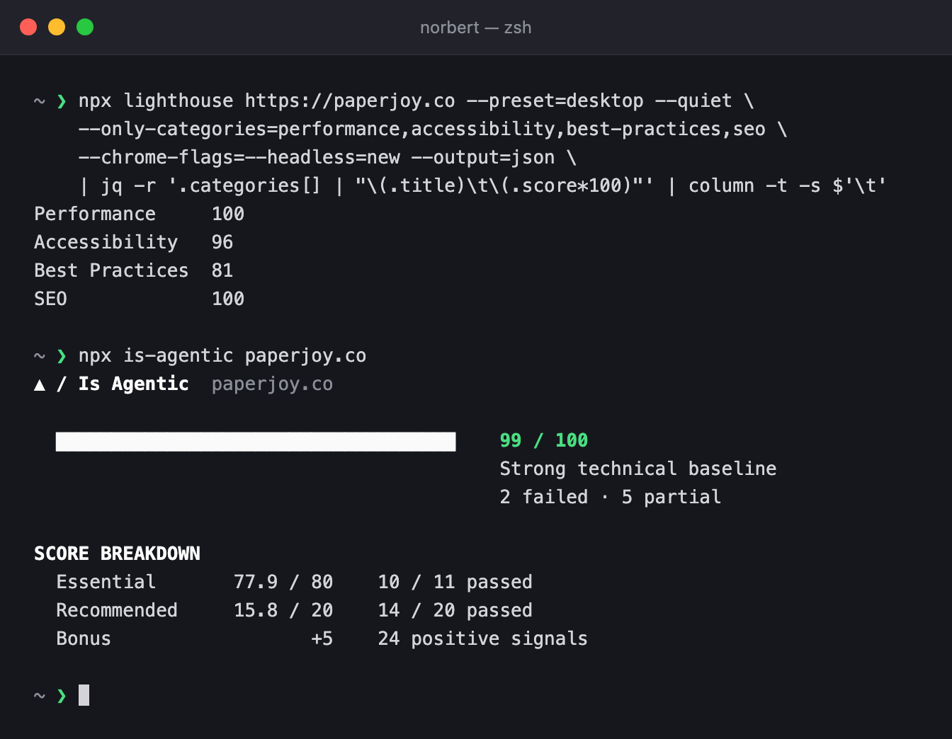 Terminal showing Lighthouse desktop scores for paperjoy.co (Performance 100, Accessibility 96, Best Practices 81, SEO 100) and an is-agentic score of 99 out of 100
